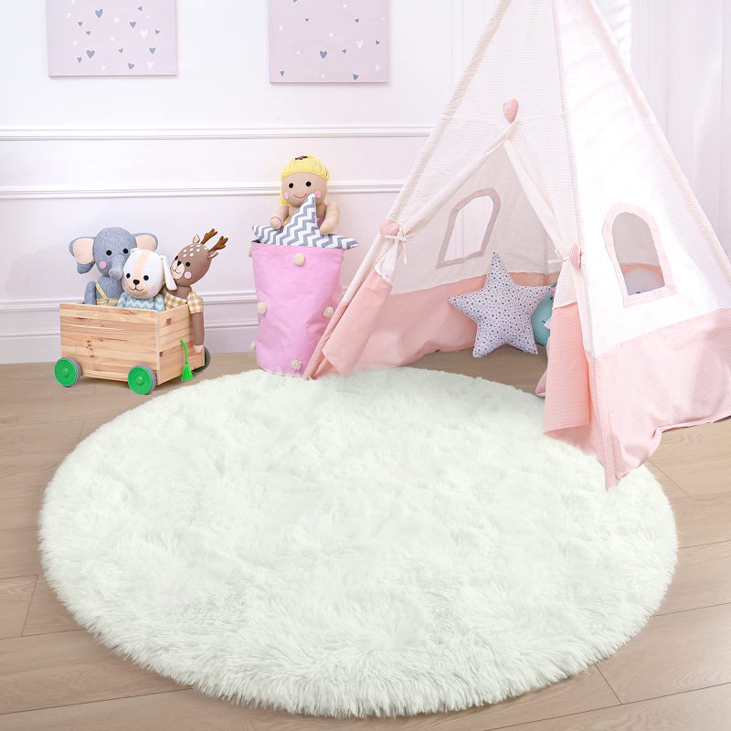 junovo Round Rug 4x4 Feet Fluffy Soft Area Rugs for Kids Girls Room Princess Castle Plush Shaggy Carpet Cute Circle Nursery Rug for Kids Girls Bedroom Baby Room Home Decor Circular Carpet, Creamy - Image 3